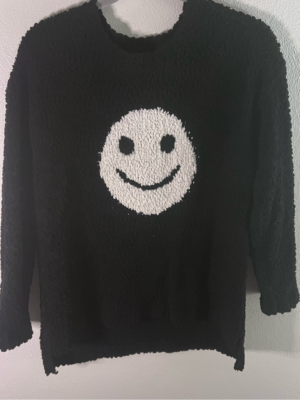 Black Plush Crewneck Sweater with White Smiley Face